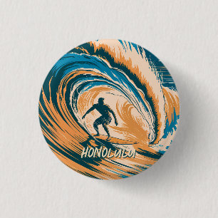 Bóton Redondo 2.54cm Oceano de Surfe do Havaí com Retro Honolulu Person