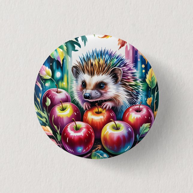 Bóton Redondo 2.54cm ouriço-cacheiro vibrante em aquarela com maçãs de  (Frente)