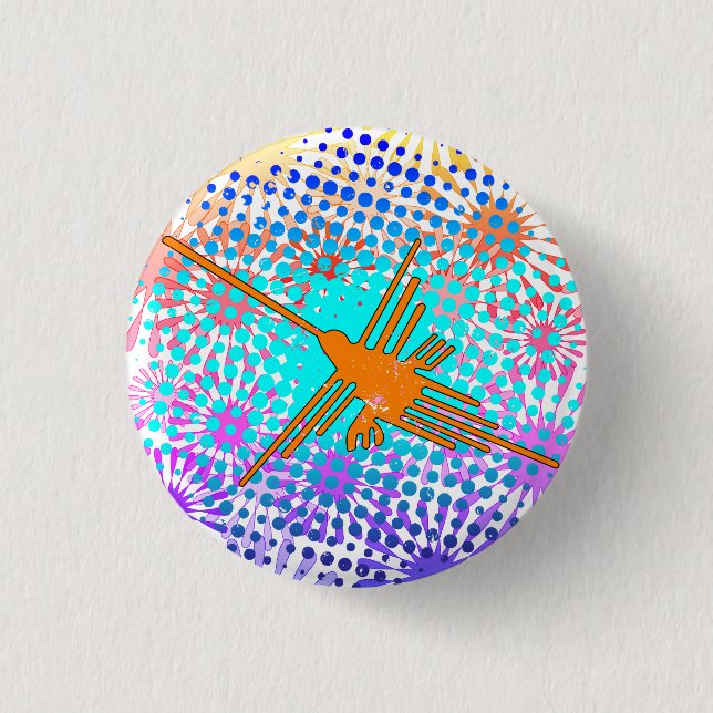 Bóton Redondo 2.54cm Ouro angustiado Linhas Nazca Hummingbird (Frente)