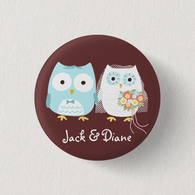 Bóton Redondo 2.54cm Owls Wedding Bride and Groom with Custom Text (Frente)