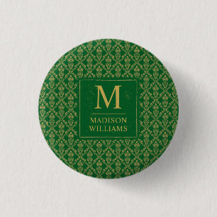 Bóton Redondo 2.54cm Padrão Damask Seamless Verde Esmeralda e Dourado