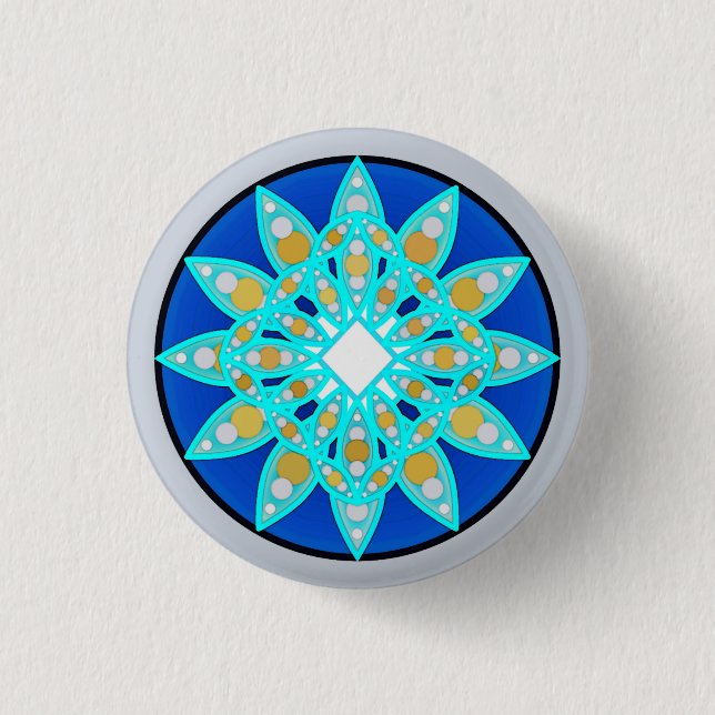 Bóton Redondo 2.54cm Padrão de Mandala em cobalto, cinza e turquesa (Frente)