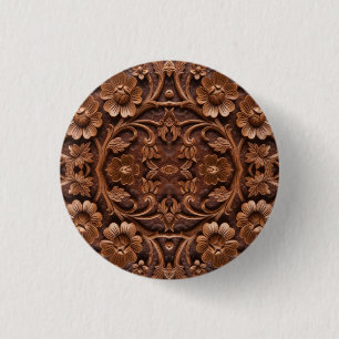 Bóton Redondo 2.54cm Padrão de Mandala Floral Talhada em Madeira Orname