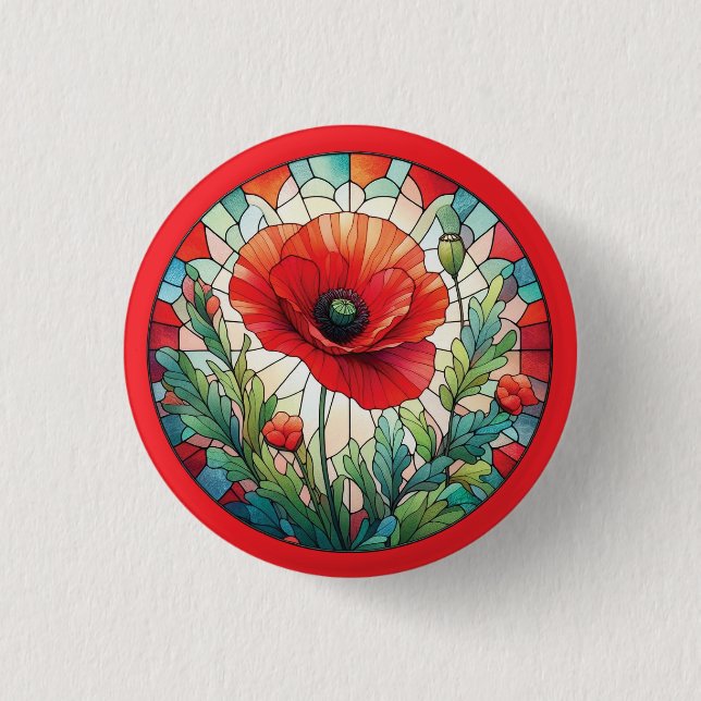 Bóton Redondo 2.54cm Papoula de Vidro Pintado (Frente)