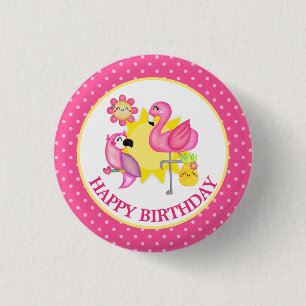 Bóton Redondo 2.54cm Paraíso de Verão Flamingo Papagaio Aniversário