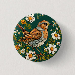 Bóton Redondo 2.54cm Pássaro Colorido Dunnock Entre Flores em Flor