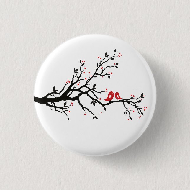 Bóton Redondo 2.54cm Pássaros do Amor em Ramificação - Arte Romântica e (Frente)