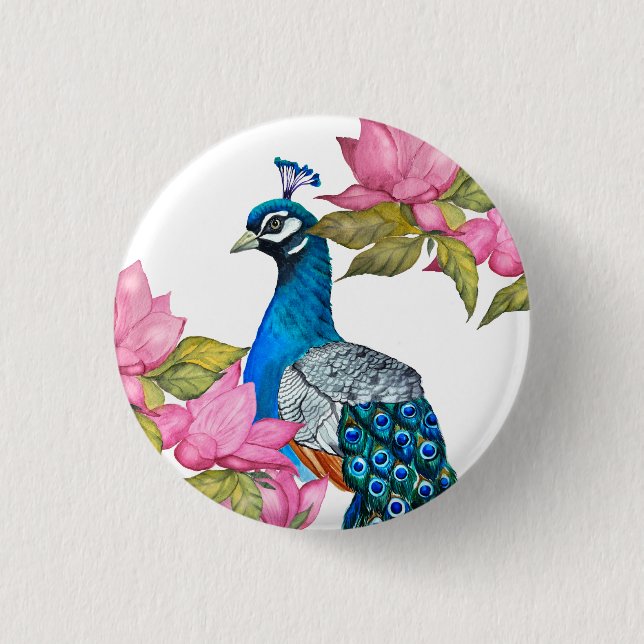 Bóton Redondo 2.54cm Pavão de Aquarela (Frente)
