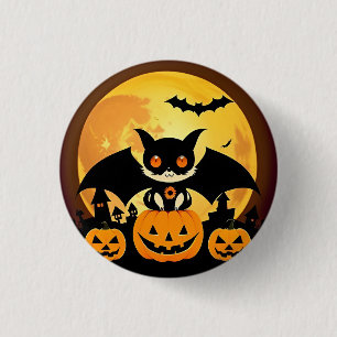 Bóton Redondo 2.54cm Personagem de Gato de Halloween Fofo com Abóboras