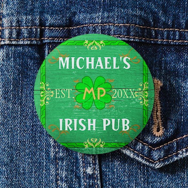 Bóton Redondo 2.54cm Personalizável Seu Nome Irish Pub Green (Criador carregado)