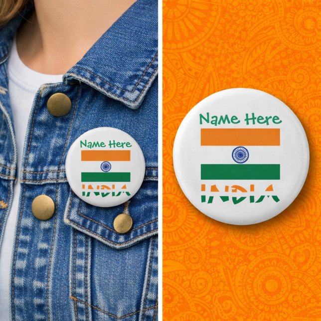 Bóton Redondo 2.54cm Personalized India Flag Round (Personalized button pin with Indian flag, INDIA in flag colors, and a place for a name above.)