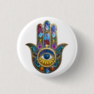 Bóton Redondo 2.54cm Pétalas Coloridas Folhas Hamsa Safira Terceiro Olh