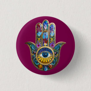 Bóton Redondo 2.54cm Pétalas Coloridas Folhas Hamsa Safira Terceiro Olh