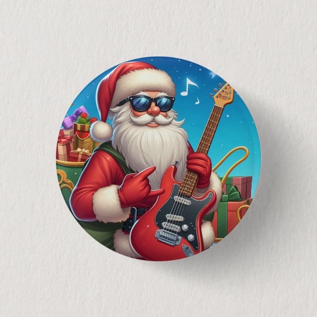 Bóton Redondo 2.54cm Pin Santa Claus con guitarra Navidad (Frente)