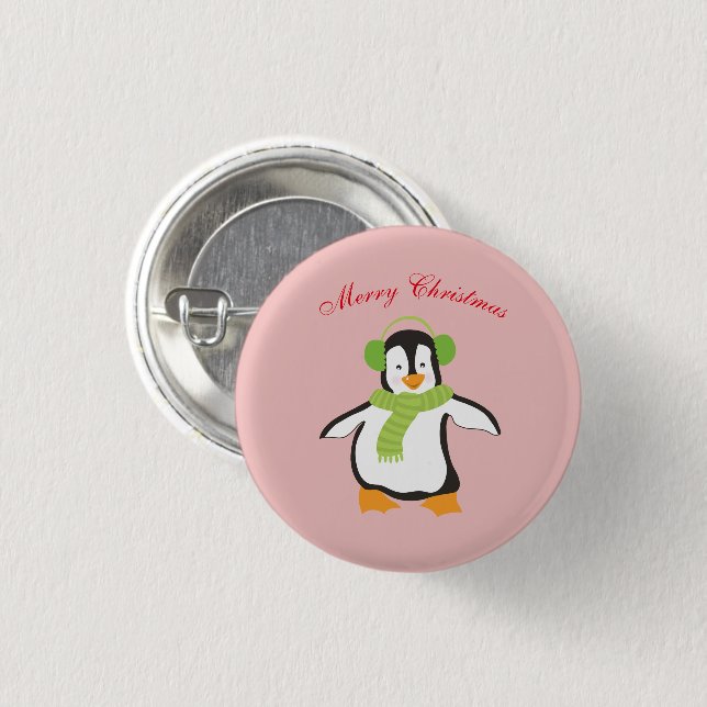 Bóton Redondo 2.54cm Pinguim de desenho animado fofo com cachecol verde (Frente & Verso)