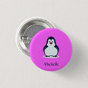 Bóton Redondo 2.54cm Pinguim fofo de nome personalizado a rosa