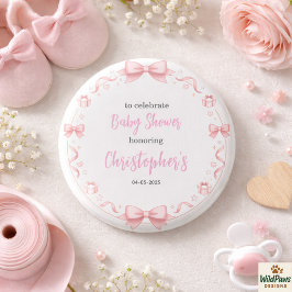 Bóton Redondo 2.54cm Pink Bow Girl Baby Shower – Cute & Fun Party