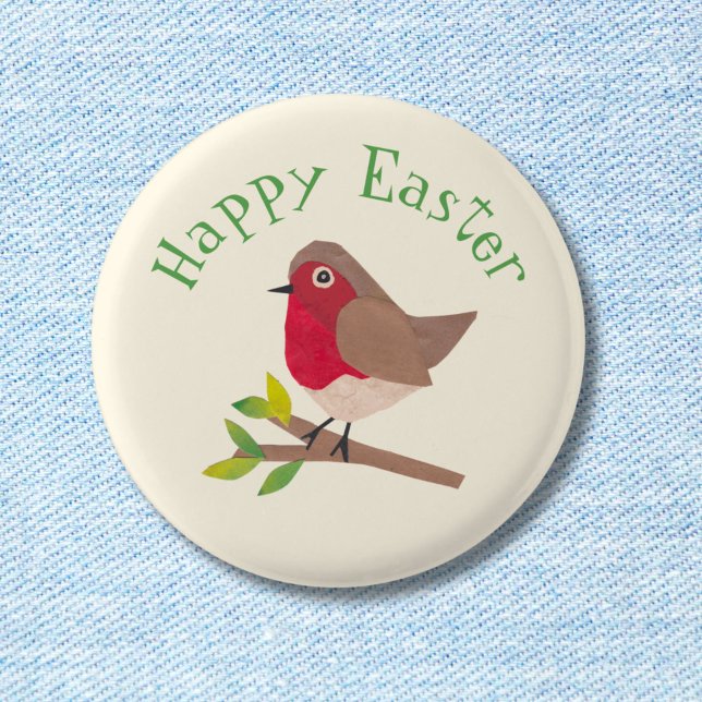 Bóton Redondo 2.54cm Primavera Personalizado com Gota de Felz pascoa Ro (Spread Easter cheer with this button featuring my own unique retro-inspired cute collage robin!)