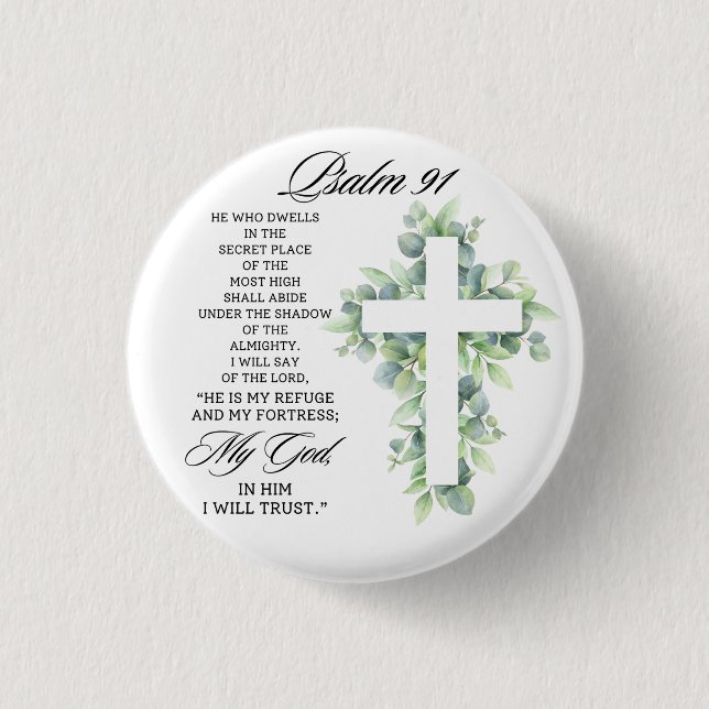 Bóton Redondo 2.54cm Psalm 91:1-2 Religious Cross Greenery Bible Verse (Frente)