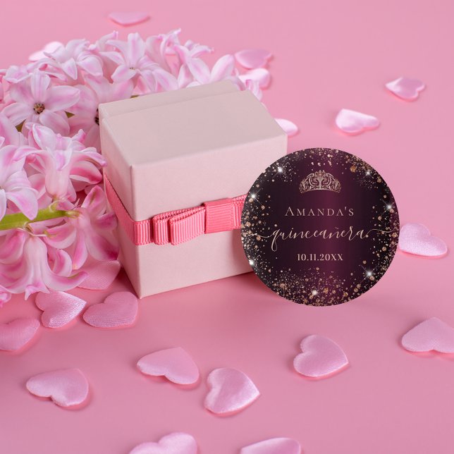 Bóton Redondo 2.54cm Quinceanera burgundy rosa gold tiara name script (Criador carregado)