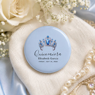Bóton Redondo 2.54cm Quinceañera Floral Azul e Marfim