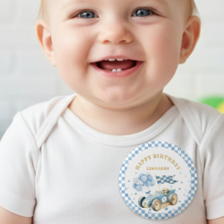 Bóton Redondo 2.54cm Race Car Blue Checkered Flag Boy First Birthday