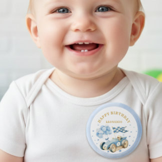 Bóton Redondo 2.54cm Race Car Blue Watercolor Boy First Birthday