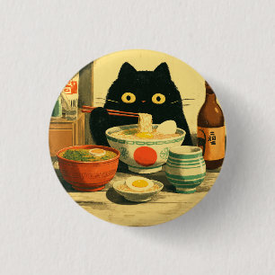 Bóton Redondo 2.54cm Ramen Comendo Gato Negro Engraçado   Vintage Japon