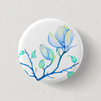 Bóton Redondo 2.54cm Ramo de Magnólia em Aquarela Azul Verde Botânico