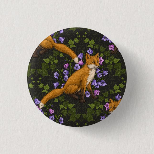 Bóton Redondo 2.54cm Raposa, flores e marivas, verdes, laranja e viole (Frente)