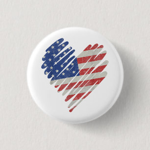 Bóton Redondo 2.54cm Red Flag Heart Red White Cute 4 de julho