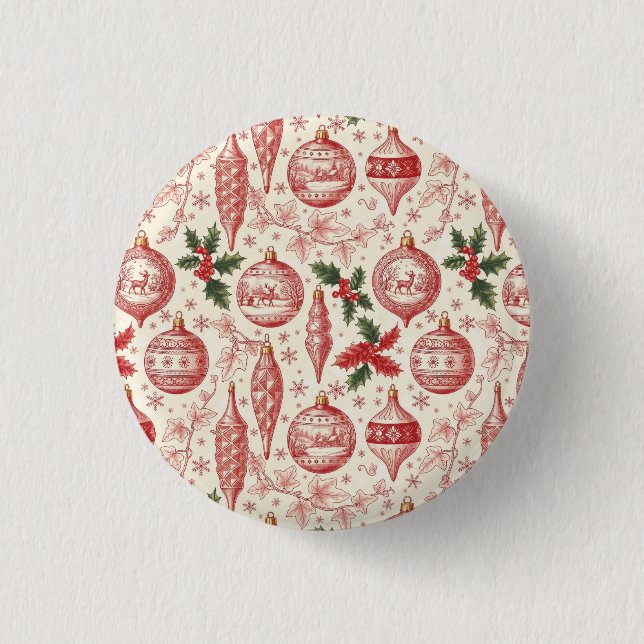 Bóton Redondo 2.54cm Red Toile Chinoiserie Christmas Ornaments (Frente)