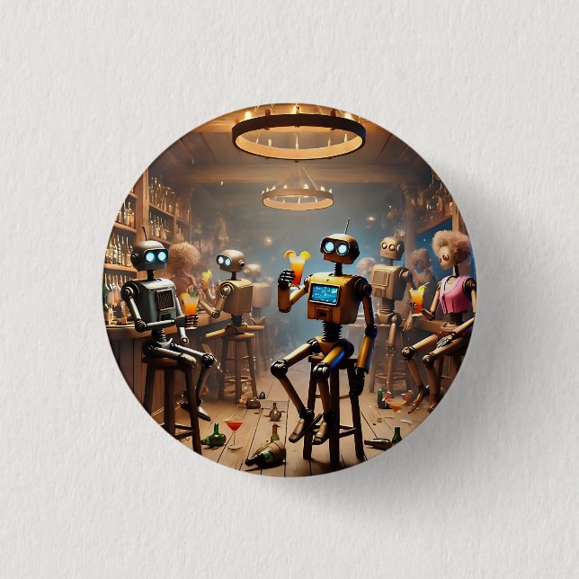 Bóton Redondo 2.54cm robots having fun in a bar (Frente)