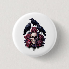 Bóton Redondo 2.54cm Romance Gótico: Onde Crânios, Rosas e Ravens Encer