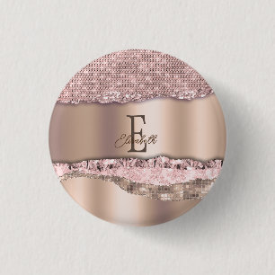 Bóton Redondo 2.54cm Rosa Dourado Tendência Diamantes Brilho Monograma