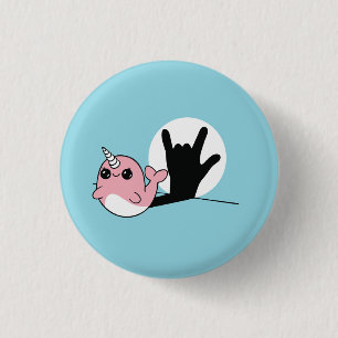 Bóton Redondo 2.54cm Rosa Narwhal ASL I Love You - Deaf Culture Design
