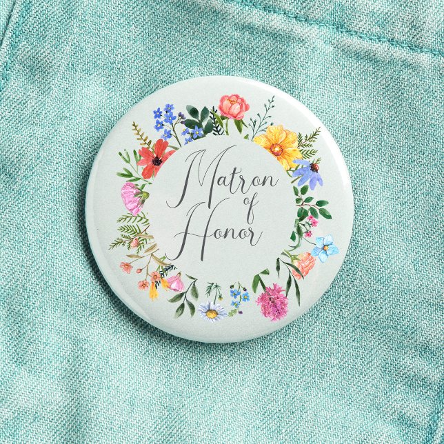 Bóton Redondo 2.54cm Roteiro de Dama de Honra de Flores Selvagens Casam (Matron of Honor Wildflower Watercolor Floral Wreath Wedding Button
)