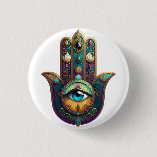 Bóton Redondo 2.54cm Roxo Dourado Verde Água Hamsa c/ Terceiro Olho Tur