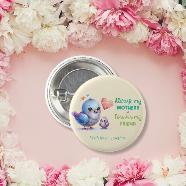 Bóton Redondo 2.54cm Sempre minha mãe - Mãe de pássaros e bebê (Always my Mother - Bird Mum & Baby Button)