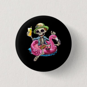 Bóton Redondo 2.54cm Skeleton Chilling On Flamingo Lifebuoy Halloween S