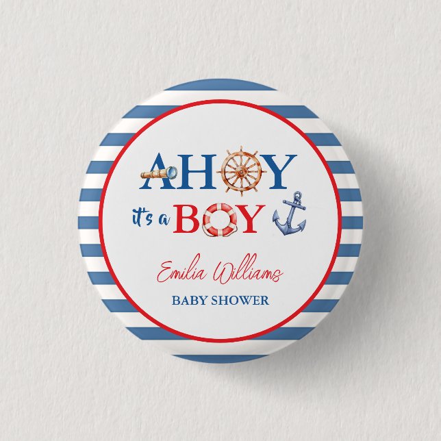 Bóton Redondo 2.54cm Sweet Blue Red Nautical Ahoy Boy Baby Shower (Frente)