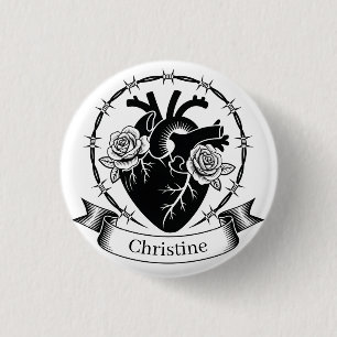 Bóton Redondo 2.54cm Tatuagem de Coração Anatômico: Design Preto e Bran