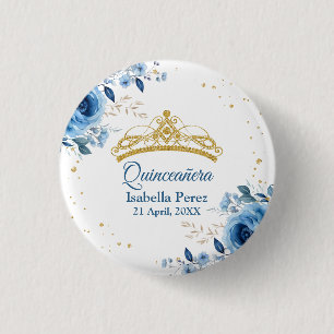 Bóton Redondo 2.54cm Tiara Dourada de Quinceanera com Brilho e Floral A