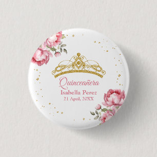 Bóton Redondo 2.54cm Tiara Dourada de Quinceanera com Brilho e Floral R