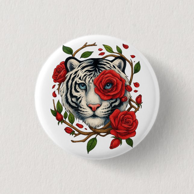 Bóton Redondo 2.54cm Tigre branco com Rosas vermelhas - Floral de vida  (Frente)