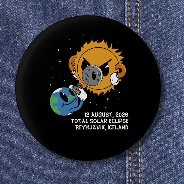 Bóton Redondo 2.54cm Total Solar Eclipse 2026 Iceland Photobomb (Change city, or other text, to personalize.  Matching items available.)