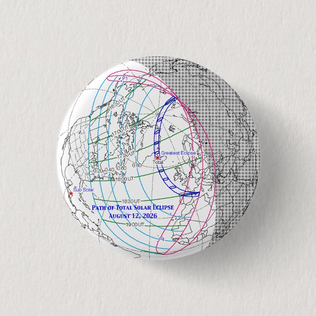 Bóton Redondo 2.54cm Total Solar Eclipse 2026 Map (Frente)