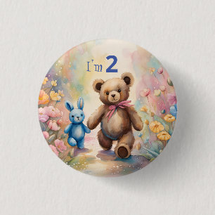 Bóton Redondo 2.54cm Urso de pelúcia e coelho num jardim de pastel