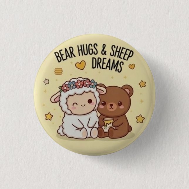 Bóton Redondo 2.54cm Urso Kawaii e Ovelha Melhores Amigos Botão de Pin  (Frente)