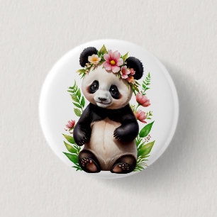 Bóton Redondo 2.54cm Urso Panda Transparente Com Flores